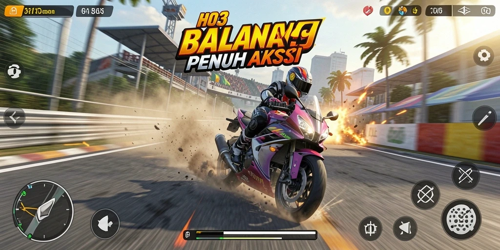 Tampilan gameplay seru di HO3 dengan balapan motor yang mendebarkan.
