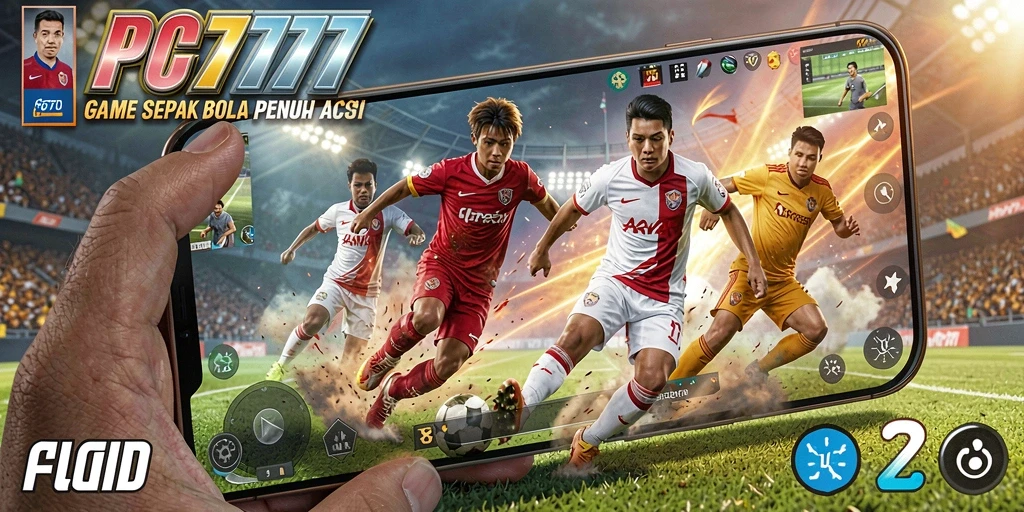 Tangkapan layar gameplay PC777 yang menunjukkan aksi sepak bola intens.