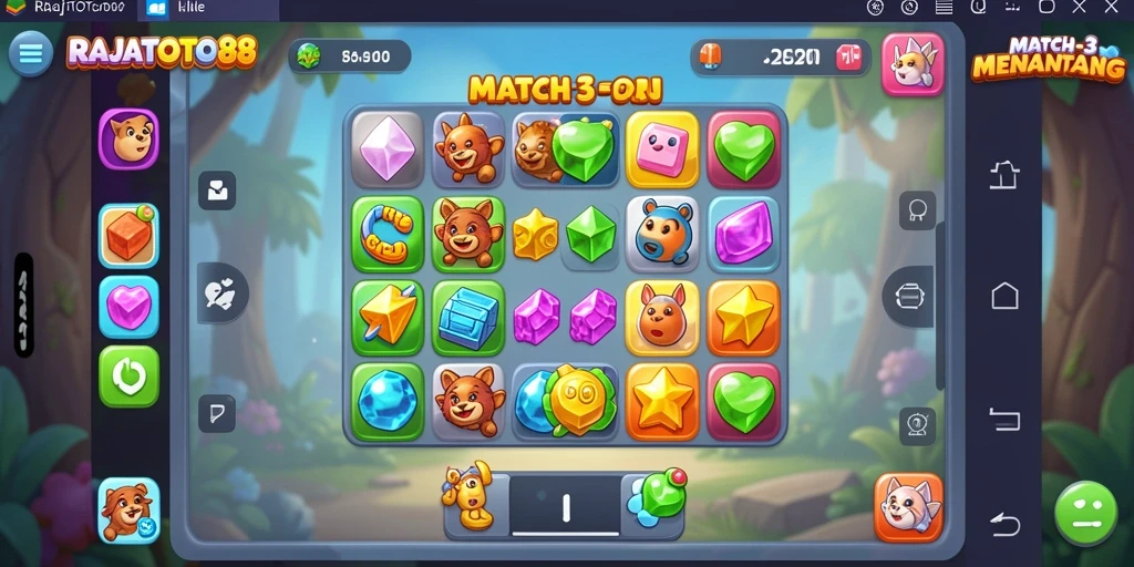 Tampilan screenshot utama dari gameplay RAJATOTO88 yang menampilkan aksi Match-3 yang seru.