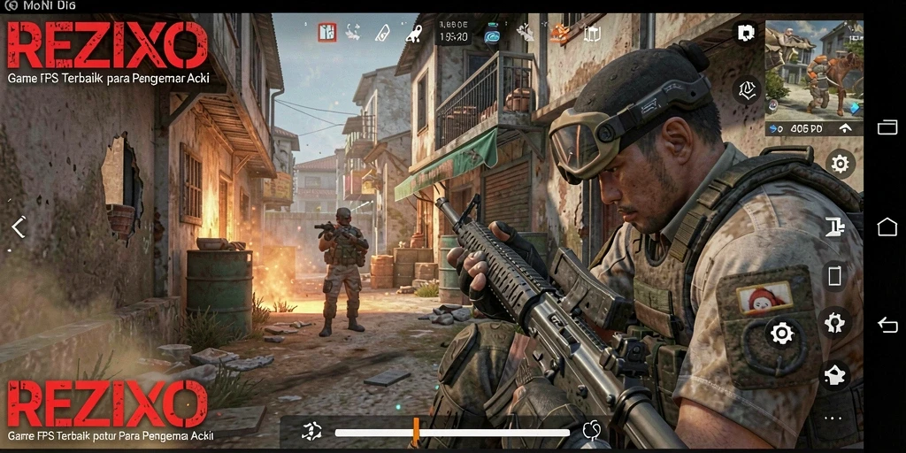 Tampilan gameplay yang intens dalam REZIXO, menampilkan aksi tembak-menembak yang mendebarkan.