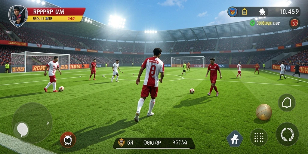 Screenshot gameplay RPRPRP yang menunjukkan aksi seru di lapangan sepak bola.