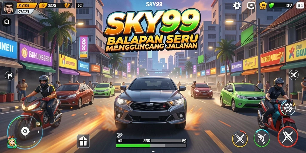 Screenshot utama SKY99 menampilkan aksi balapan cepat yang mendebarkan.
