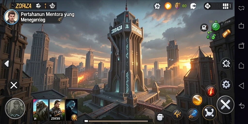 Screenshot ZOFAZA menunjukkan intensitas dan strategi dalam pertempuran Tower Defense.